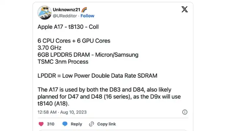 tvOS 17源代码曝光显示：只有iPhone 15 Pro系列搭载A17芯片，内置六核CPU和GPU